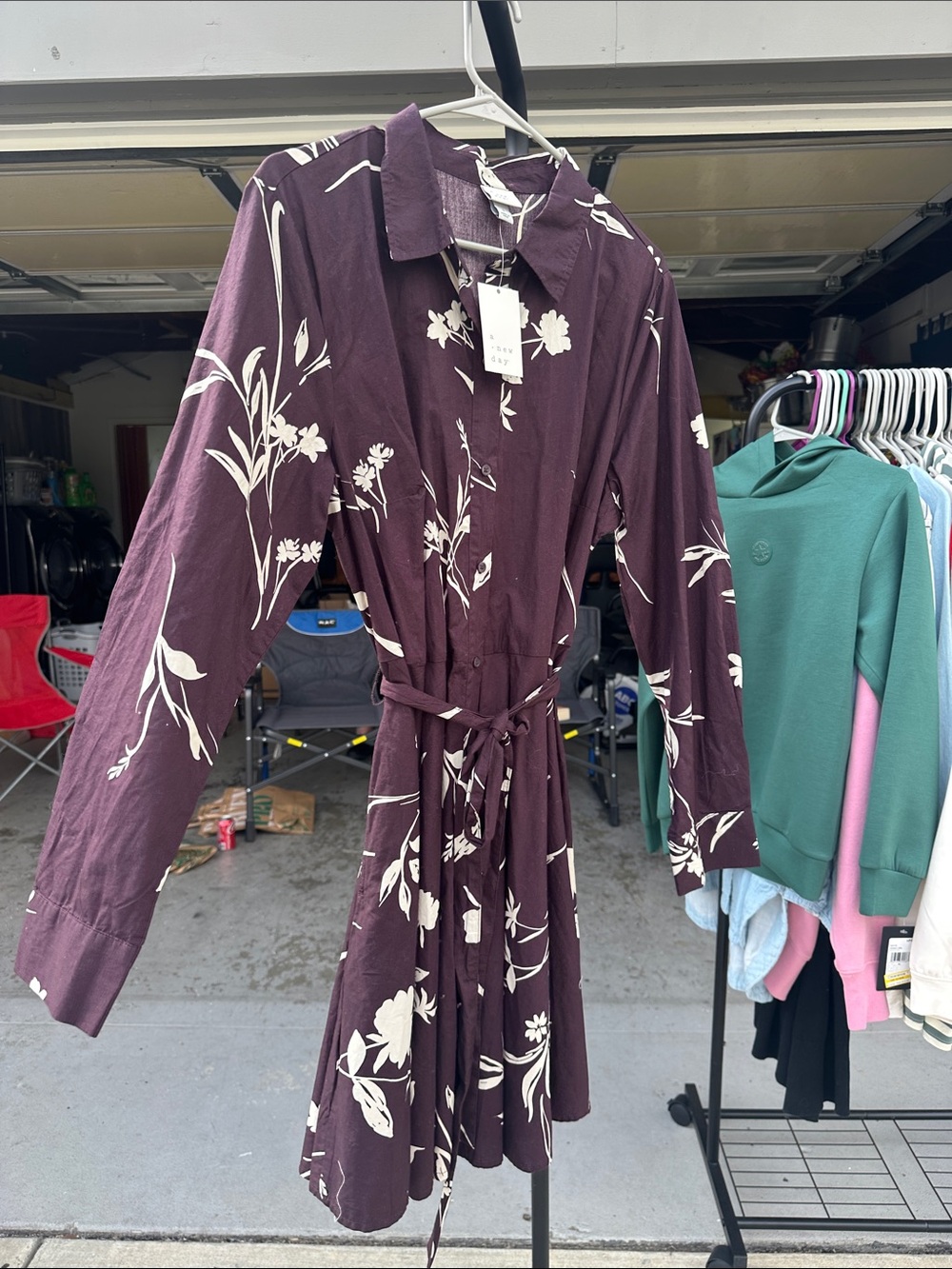 Women's Floral Shirt Dress with Waist Tie - Plum